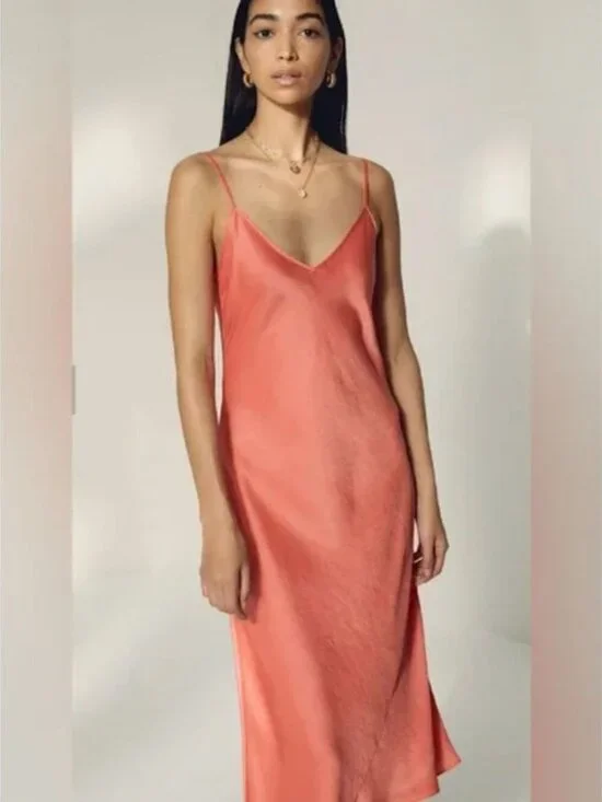 Aritzia Wilfred Only Satin Midi Slip Dress Coral Pink Size Medium - Picture 3 of 7